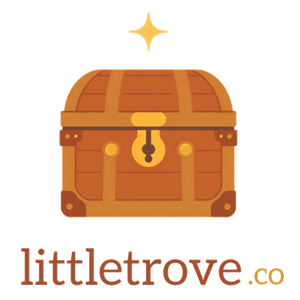 A flat-style illustration of a brown wooden treasure chest with a gold lock and a small gold sparkle above it, with the text 'littlerove.co' below on a white background.