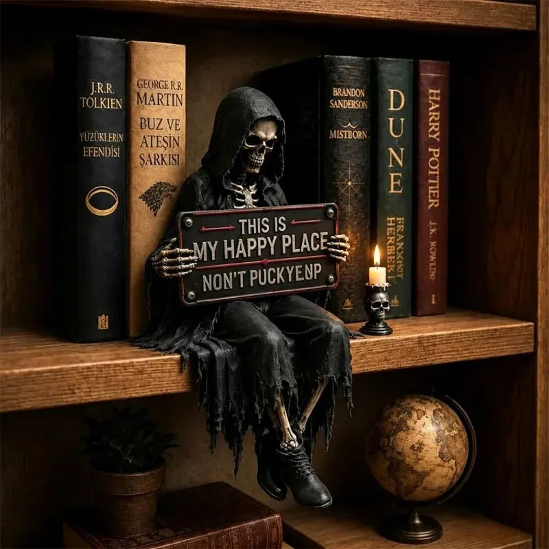 Dark academia desk decor figure on a wooden desk