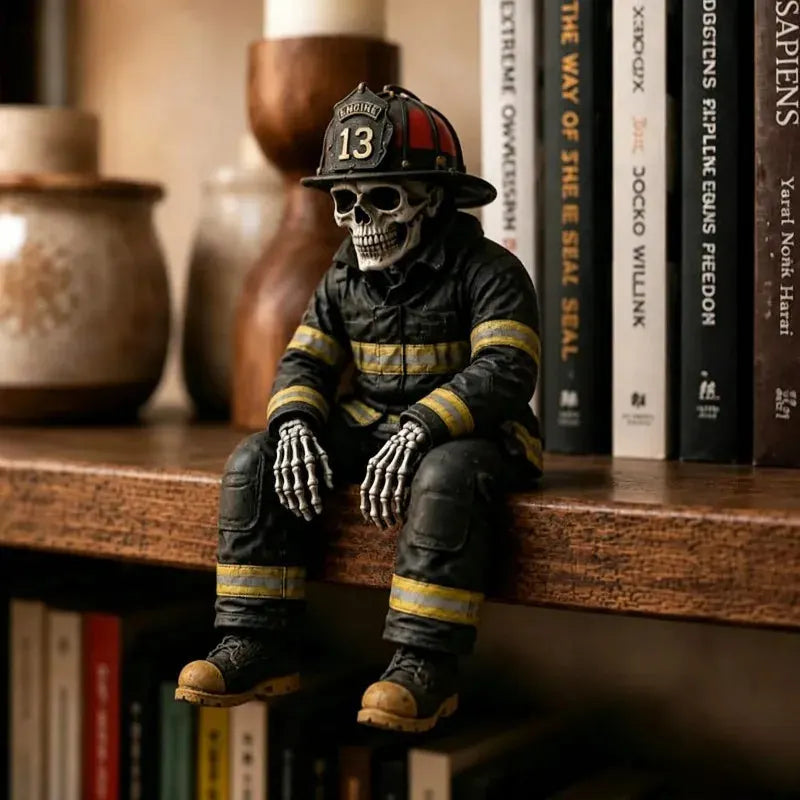 A skeleton figurine dressed as a firefighter sits on a wooden shelf in front of a row of books. The figure wears a black helmet with the number 13, a black uniform with yellow stripes, and tan boots.