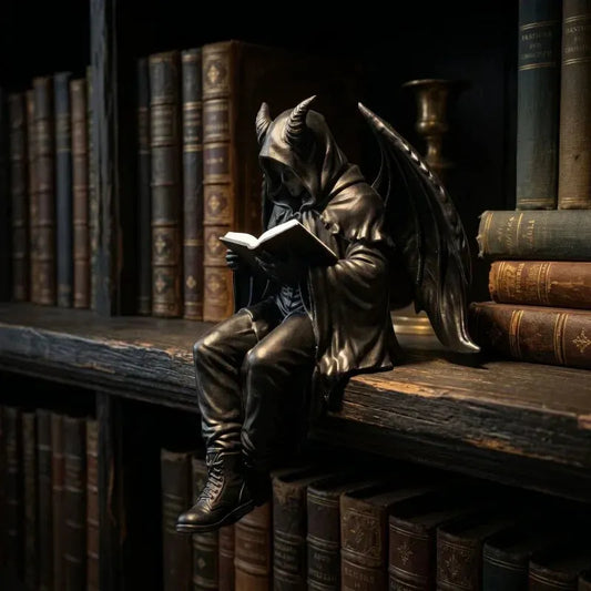 A gothic figurine of a winged demon or devil character in a dark robe sitting on a wooden bookshelf and reading a book, surrounded by antique-style books.